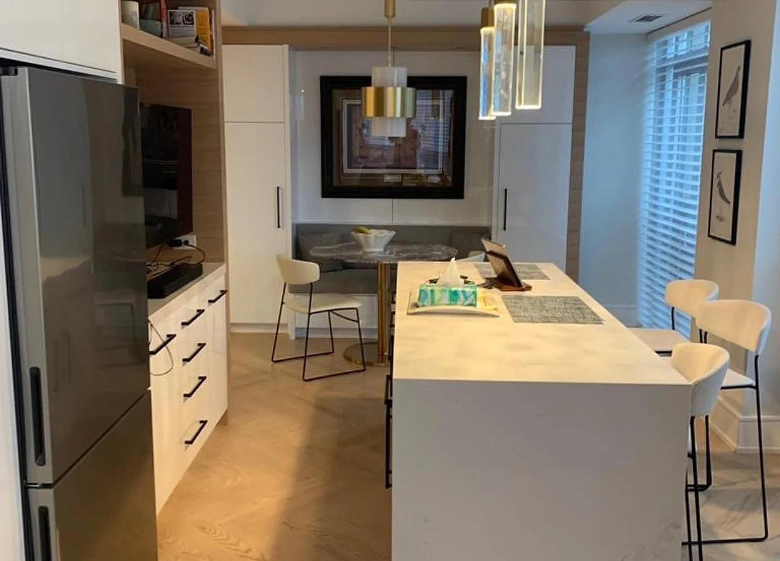 AFTER: condo kitchen island, white walls