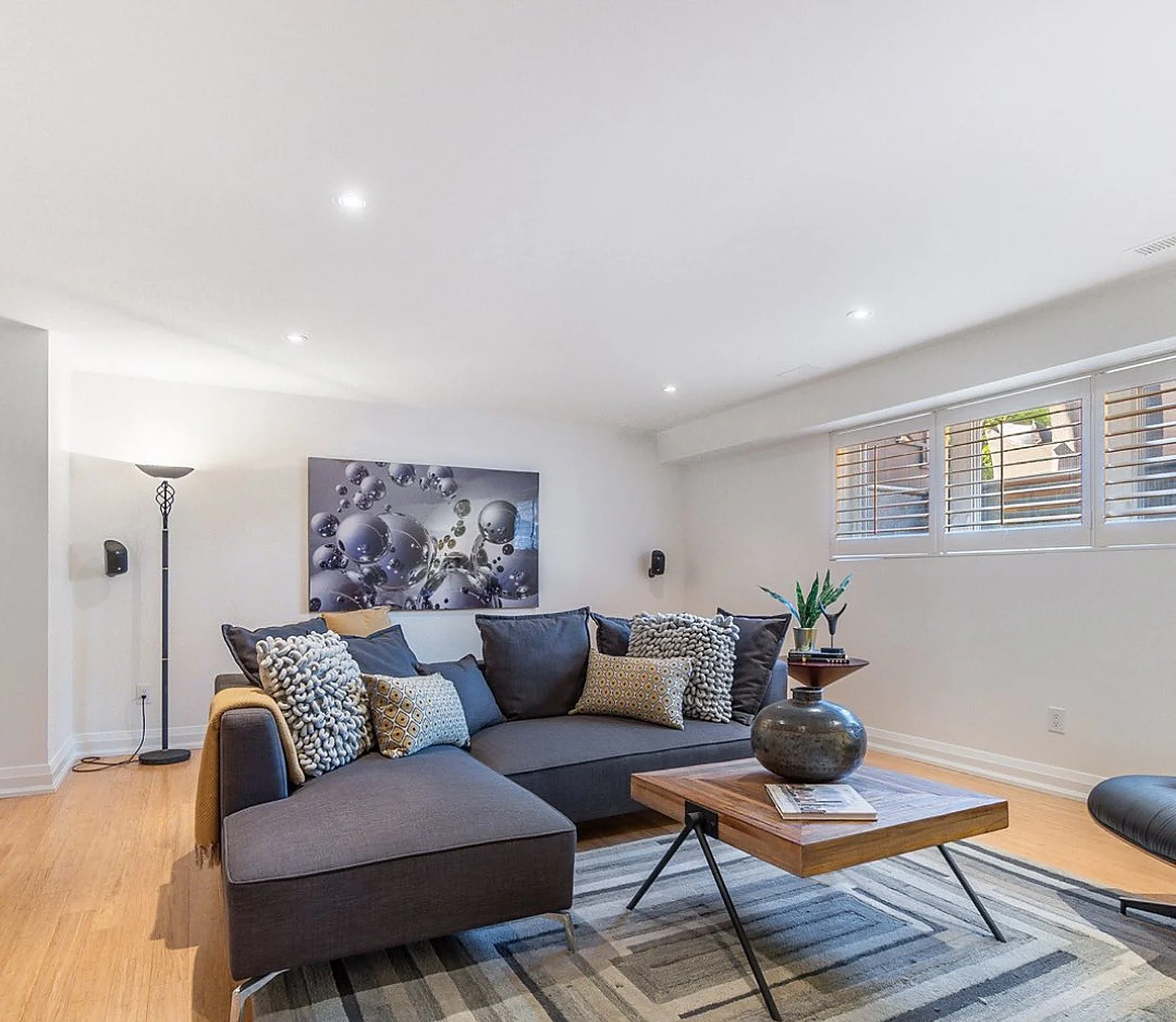 Rosedale basement family room, grey sofa