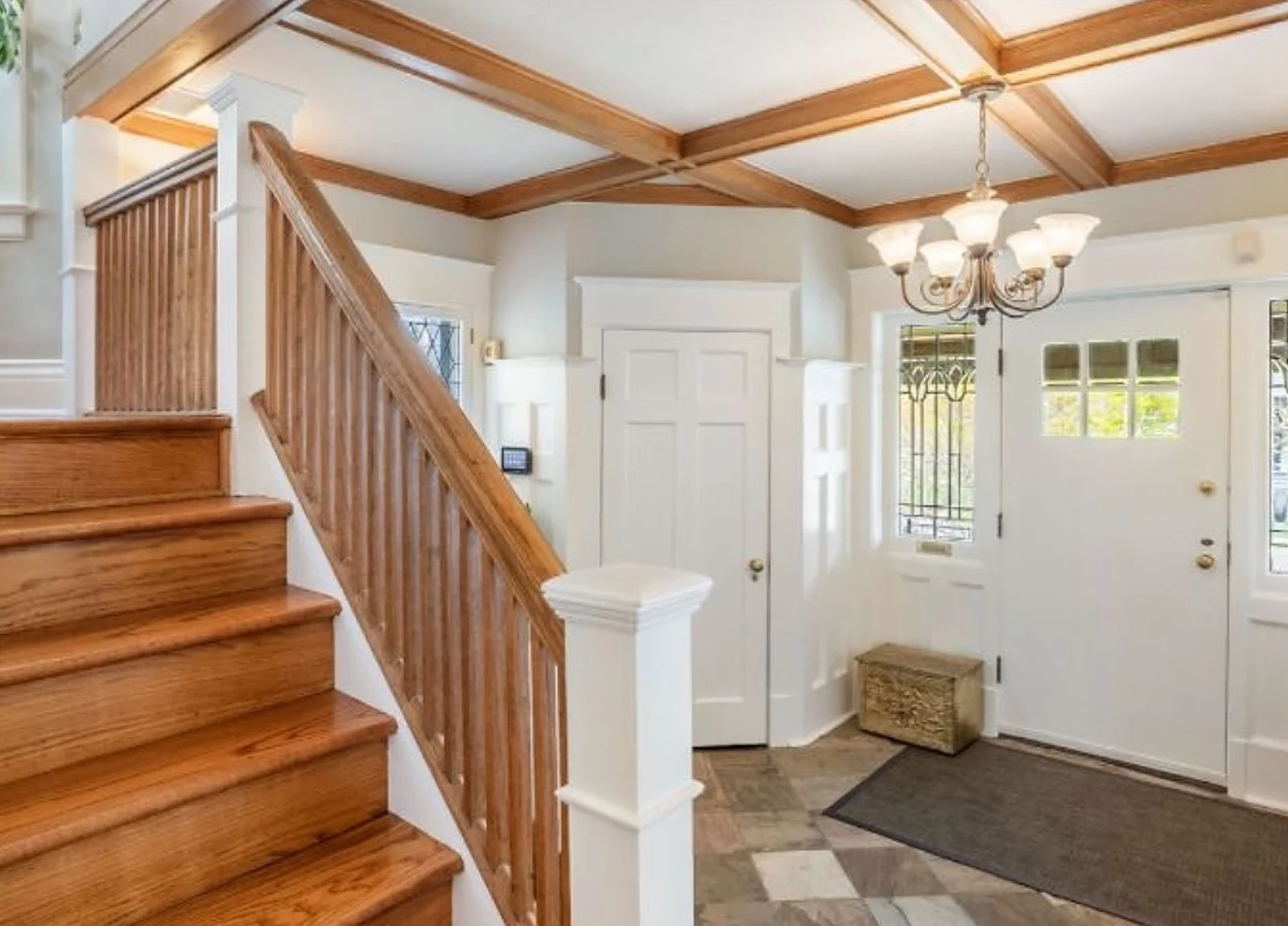 AFTER: entry hall white panelling, coffered oak ceiling